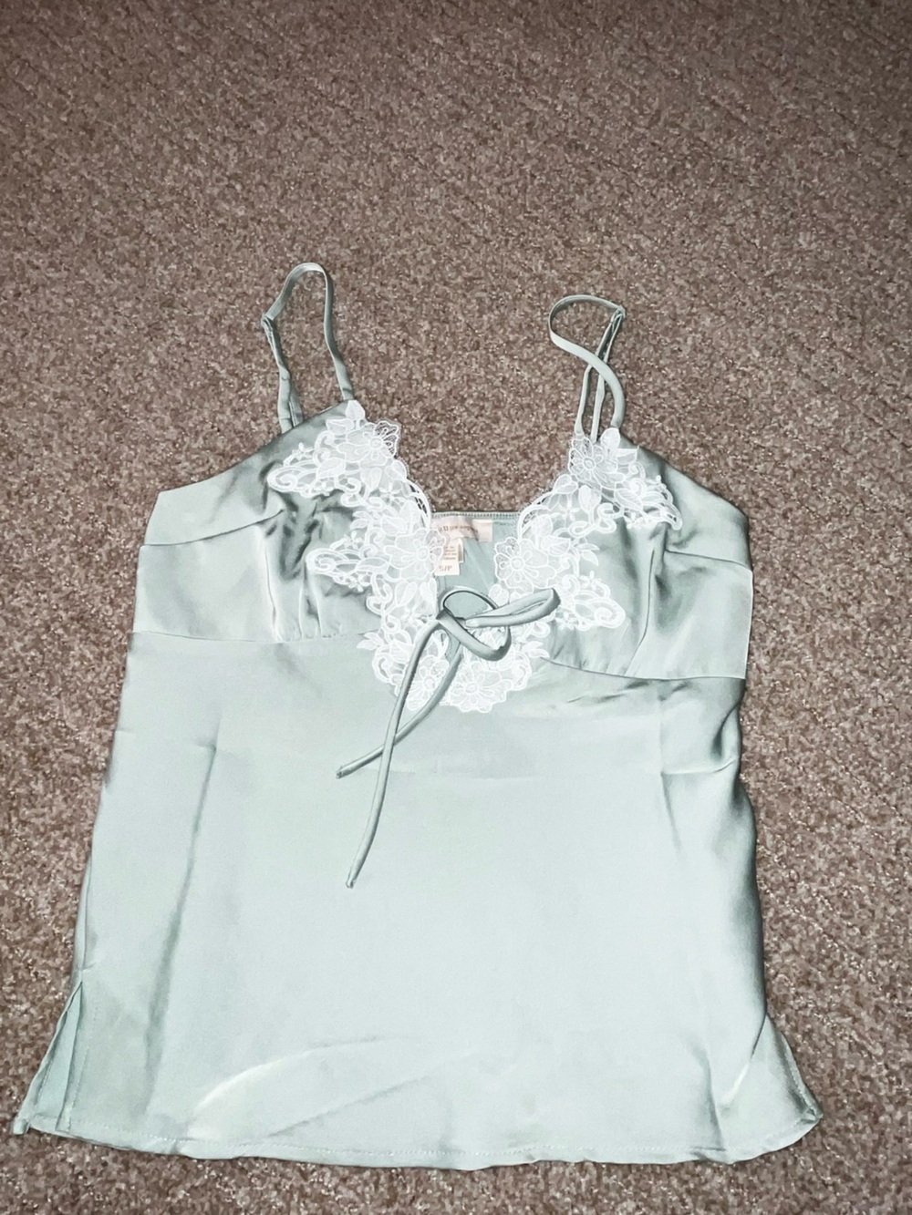 Monteau Sage Green Satin Slip with White Lace Trim - Picture 1 of 3